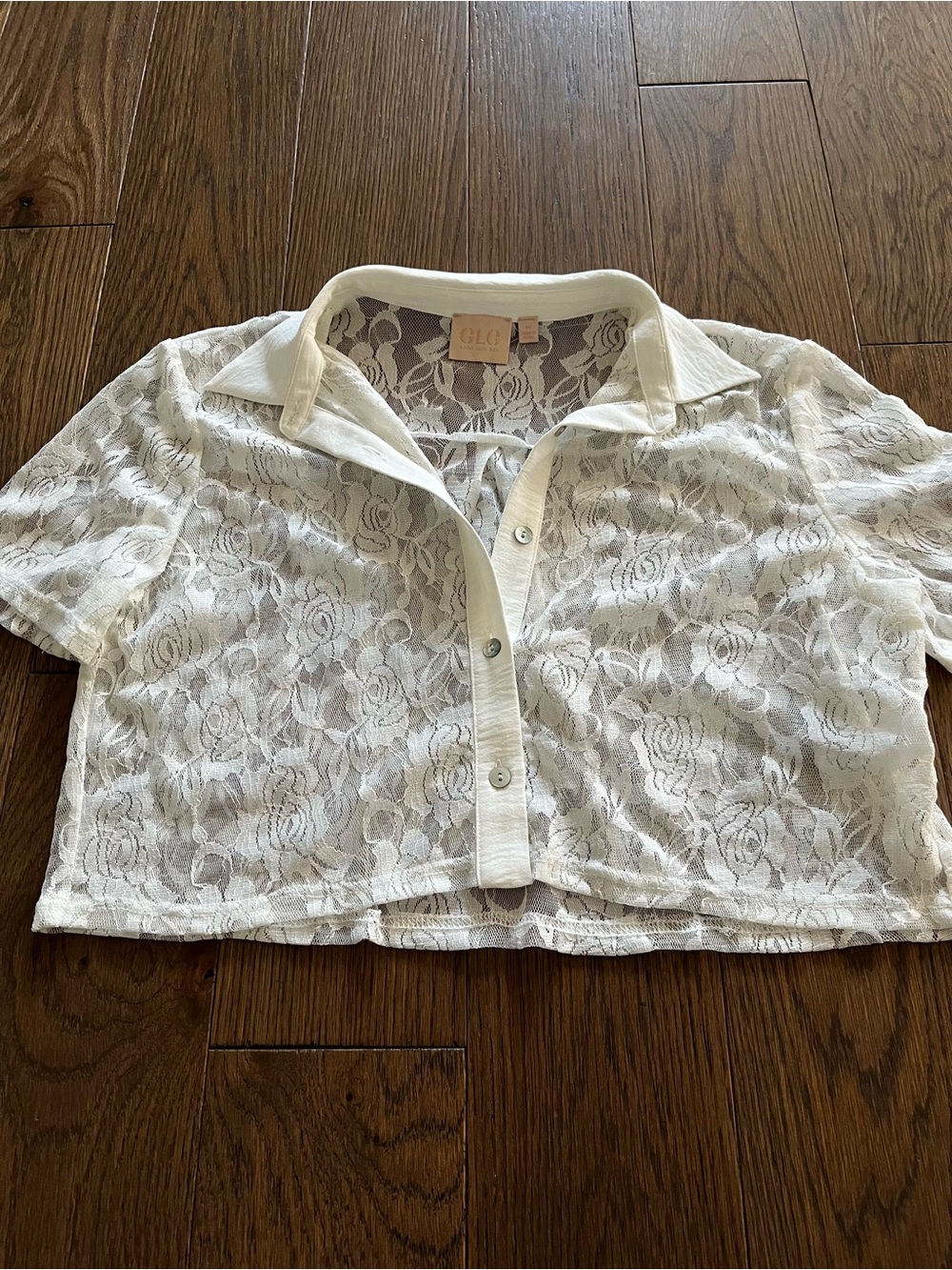 GLG Cream Lace Short-Sleeve Button Front Top